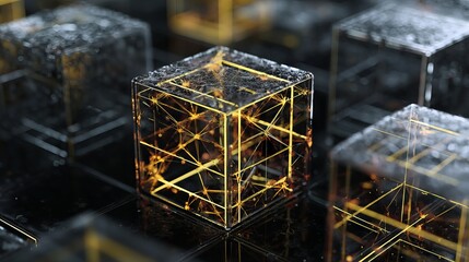 Futuristic glowing digital cubes forming intricate interconnected network of data blocks symbolizing advanced blockchain technology and high-speed information exchange