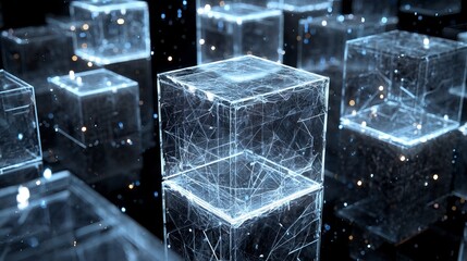 Futuristic glowing digital cubes forming intricate interconnected network of data blocks symbolizing advanced blockchain technology and high-speed information exchange