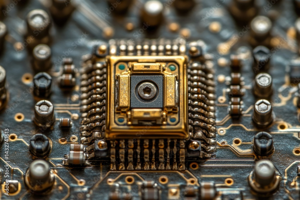 Aufkleber Close-up of a gold-plated microchip on a circuit board, showcasing intricate electronic components.