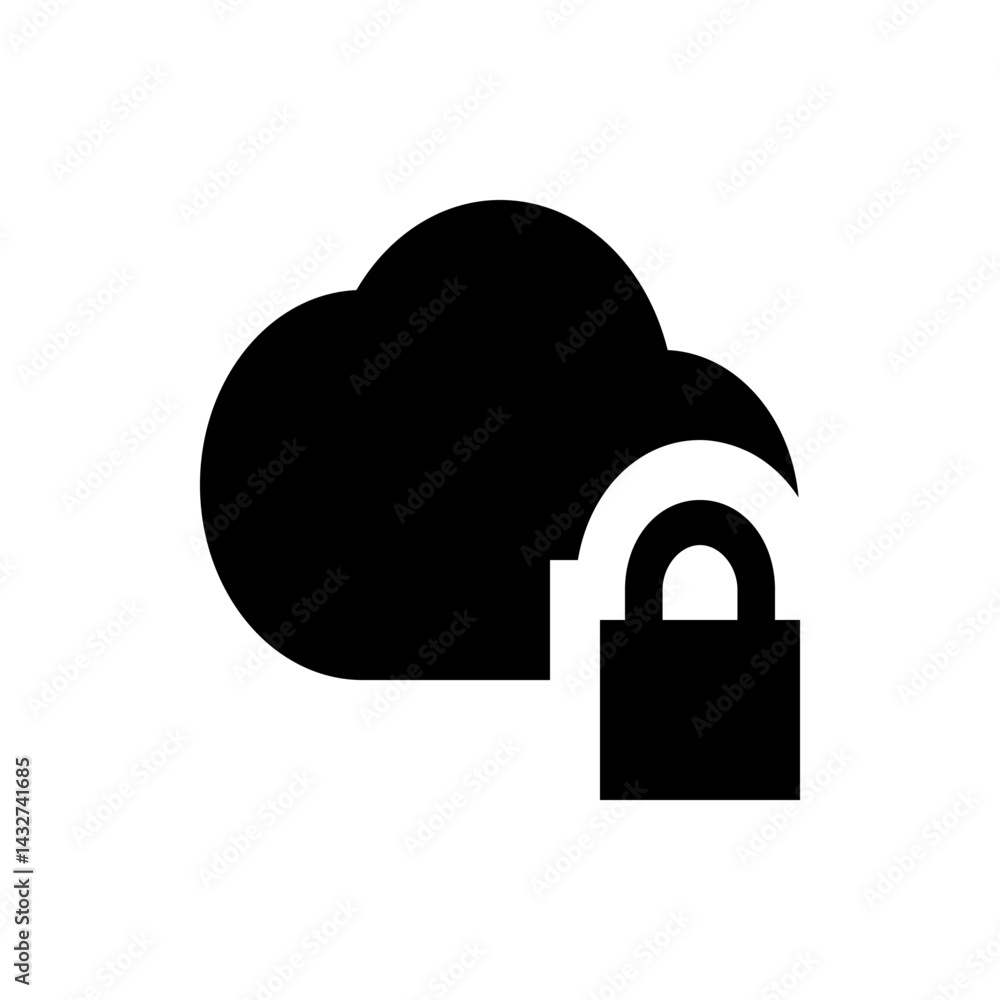 Poster black cloud icon with a padlock representing security and privacy in cloud computing services and da