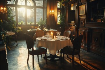 Fototapeta premium Elegant restaurant table setting with candle and vintage furniture detail. Can be used for luxury, romance, or high-end dining concepts.