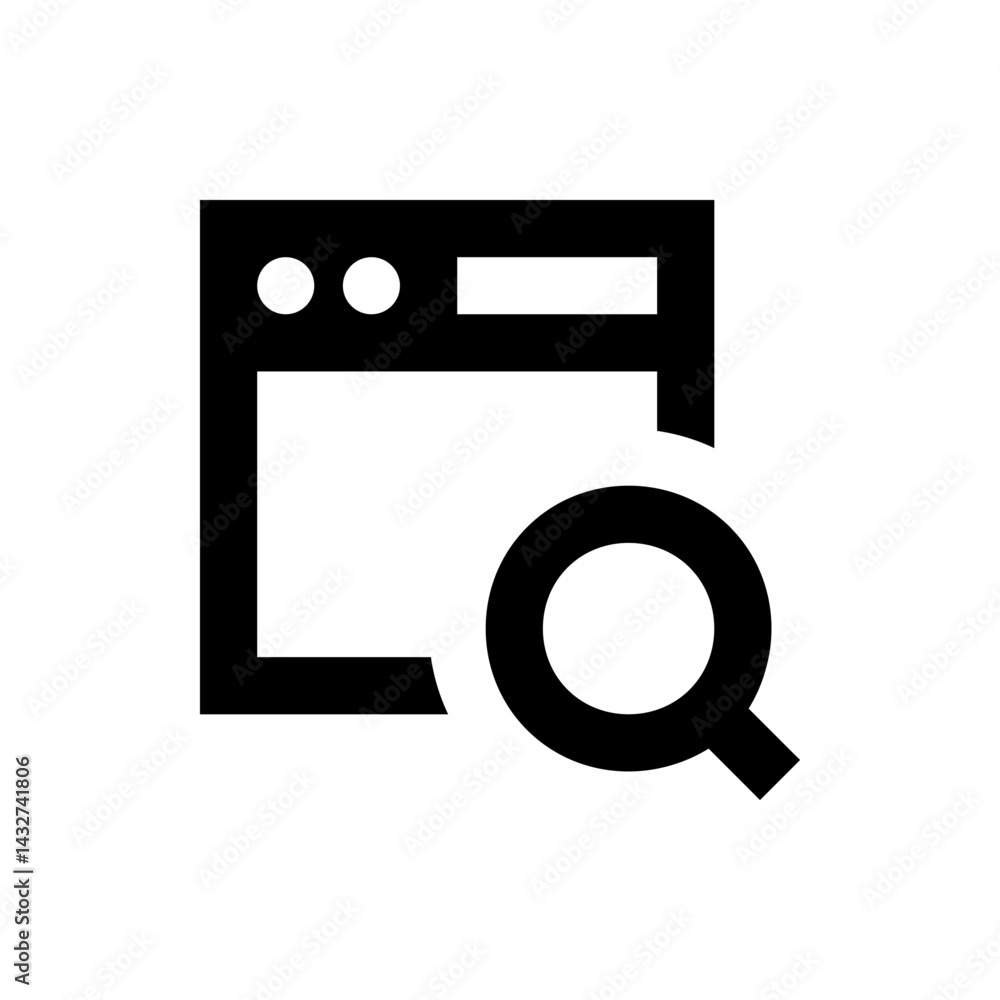 Poster black and white search icon featuring a browser window with a magnifying glass overlaying the lower 