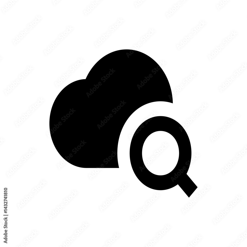 Poster black cloud icon with a white magnifying glass overlay representing cloud search functionality and d