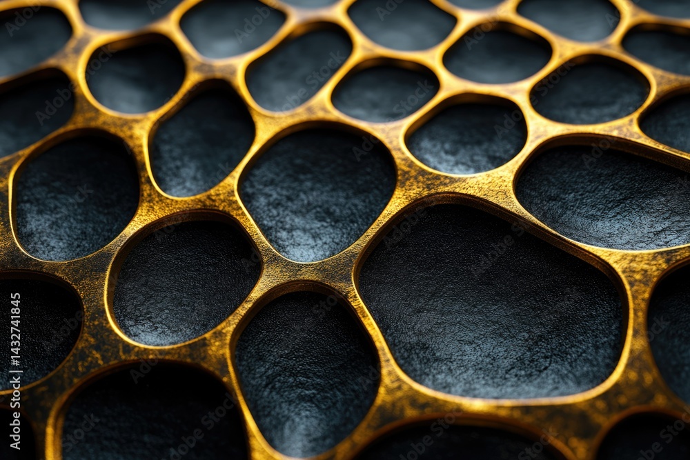 Fototapete Abstract image of a gold metallic structure with a dark background, resembling a honeycomb or network.