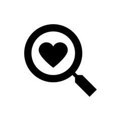 A black and white graphic featuring a heart symbol centered within a magnifying glass icon design element