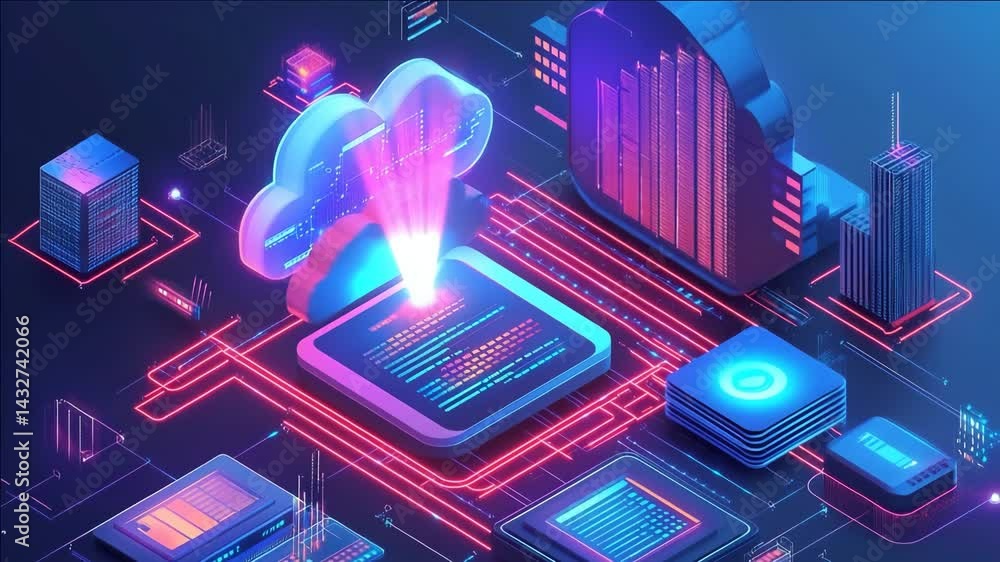 Poster cyberpunk cloud computing: futuristic data cityscape