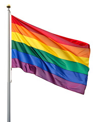 Rainbow lgbt pride flag waving on pole on transparent background