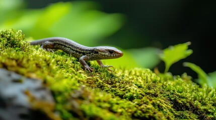Naklejka premium A baby skink slithering across a moss-covered rock