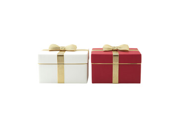 Obraz premium Transparent background white and red gift boxes with gold ribbon and bow