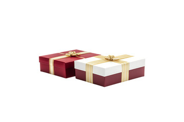 Obraz premium Transparent background white and red gift boxes with gold ribbon and bow