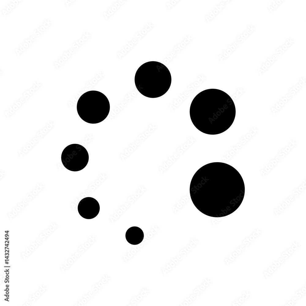 Poster a circular arrangement of black circles varying in size against a white background displaying symmet
