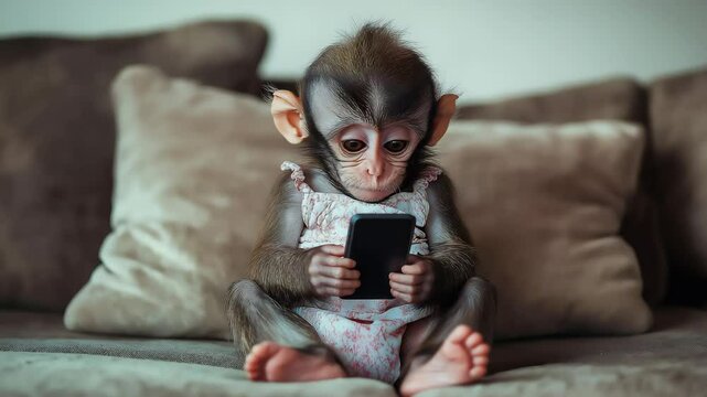 A baby monkey wearing a girl dress sitting on a couch holding smartphone on hands	