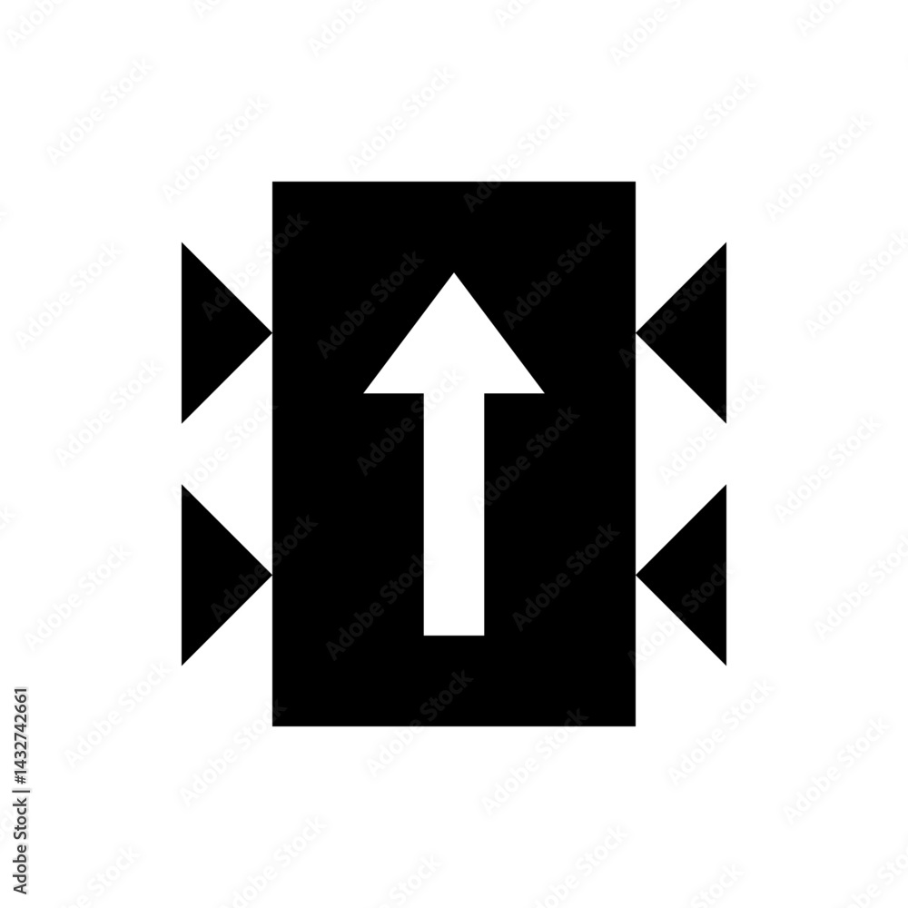 Poster a black square with a white arrow pointing up and two white arrows pointing inward on each side is s