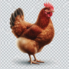 Full Body Brown Chicken Hen Standing Isolated on White Background with Transparent Cutout