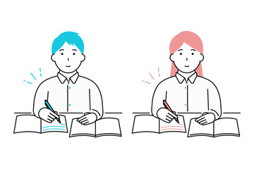 資格所得やスキルアップなどのために勉強をする若い男性と女性のイラスト