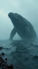 Naklejka premium Giant dinosaur emerges from misty ocean waves. leviathan cross
