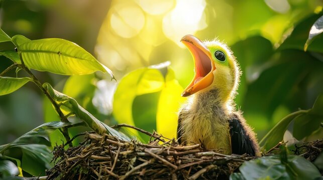 A baby toucan chick opening its beak wide in a rainforest nest