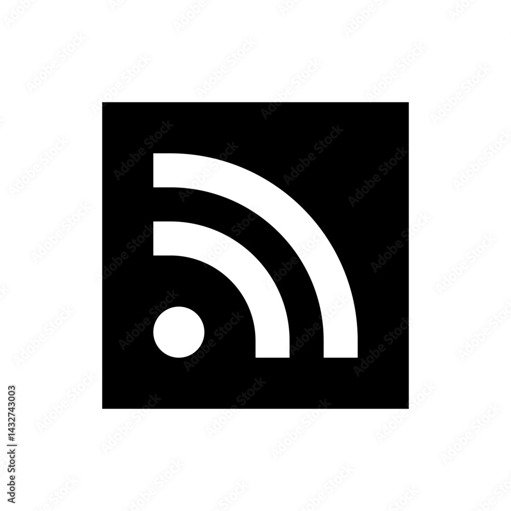Poster illustration of a white rss symbol inside a black square with rounded corners and a white background