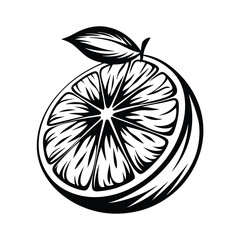 Black and White Citrus Slice with Leaf, Monochrome Fresh Fruit Design