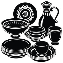 Black and white vintage ceramic dishes, cups, plates, and bowls set with floral and ornamental decorative patterns