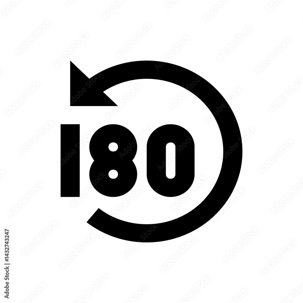 Poster illustration of a black arrow rotating in a circle around the number one hundred and eighty degrees