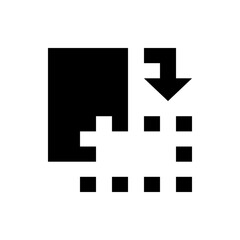 Black and white graphic featuring a downward arrow connecting a solid block to a grid of squares