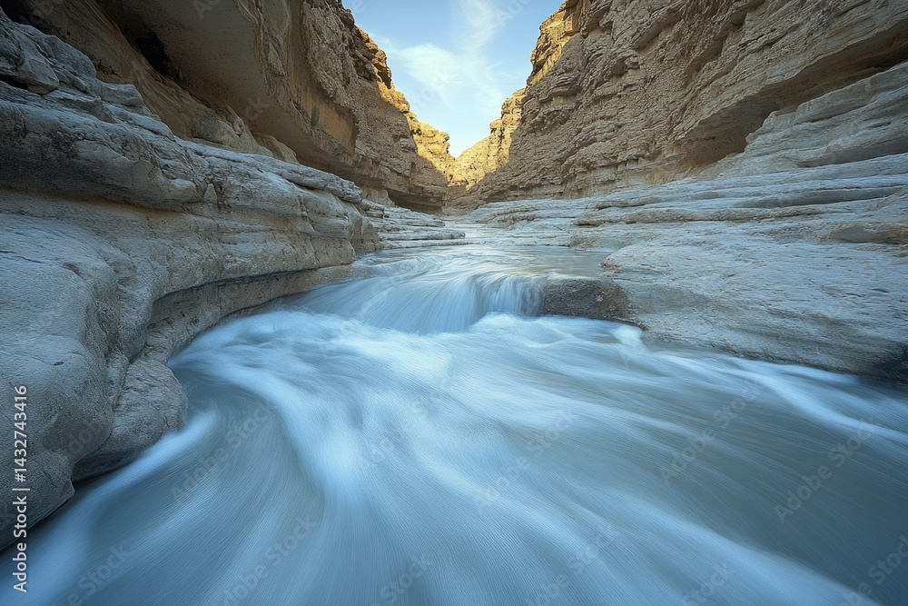 Poster serene stream flows through a narrow canyon with light-colored rock walls under a partly cloudy sky.