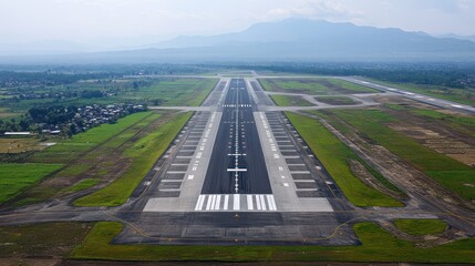 Fototapeta premium Runway, airport, aerial view, mountain background, travel