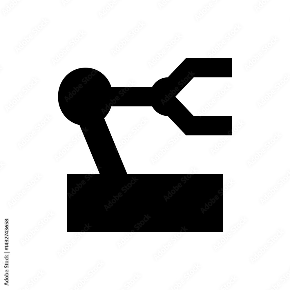 Poster illustration of a black robotic arm with a gripper on a rectangular base in a simple and modern styl