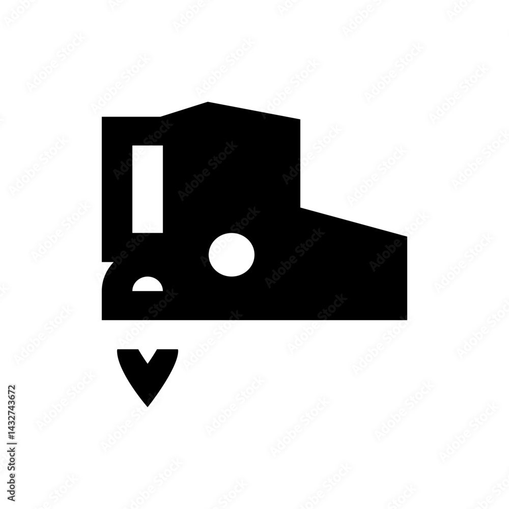 Poster an abstract representation of a truck with a trailer and a downward arrow in solid black color schem