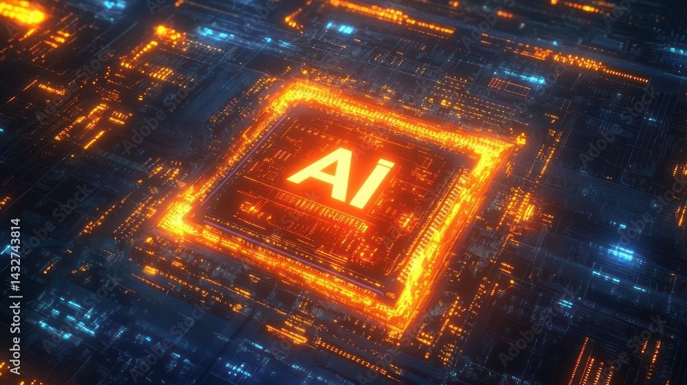 Poster glowing ai chip on circuit board. concept for technology, automation and learning