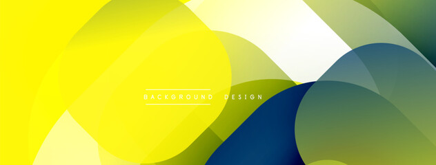 Abstract shapes overlap, creating vibrant yellow, green, blue gradients. Modern design feels energetic, clean, minimalist.