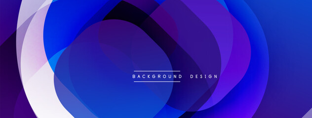 Abstract circles overlap, creating vibrant blue purple gradients. Modern design suggests technology, innovation, fluidity. Minimalist aesthetic.