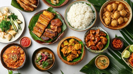 A beautiful flat lay of Malacca-style Peranakan dishes