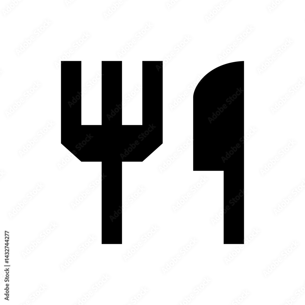 Poster graphical representation of a fork and knife in black silhouette on a white background in simple des