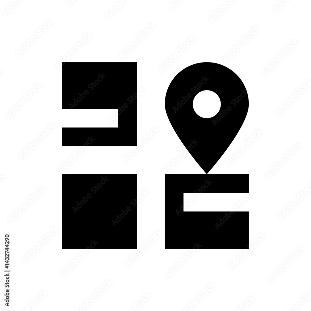 Poster abstract representation of a location pin above a square with geometric shapes in black and white de