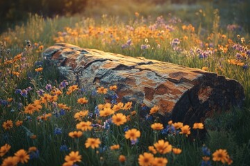 Naklejka premium A sunlit log rests amidst a vibrant field of wildflowers, creating a serene and picturesque scene.