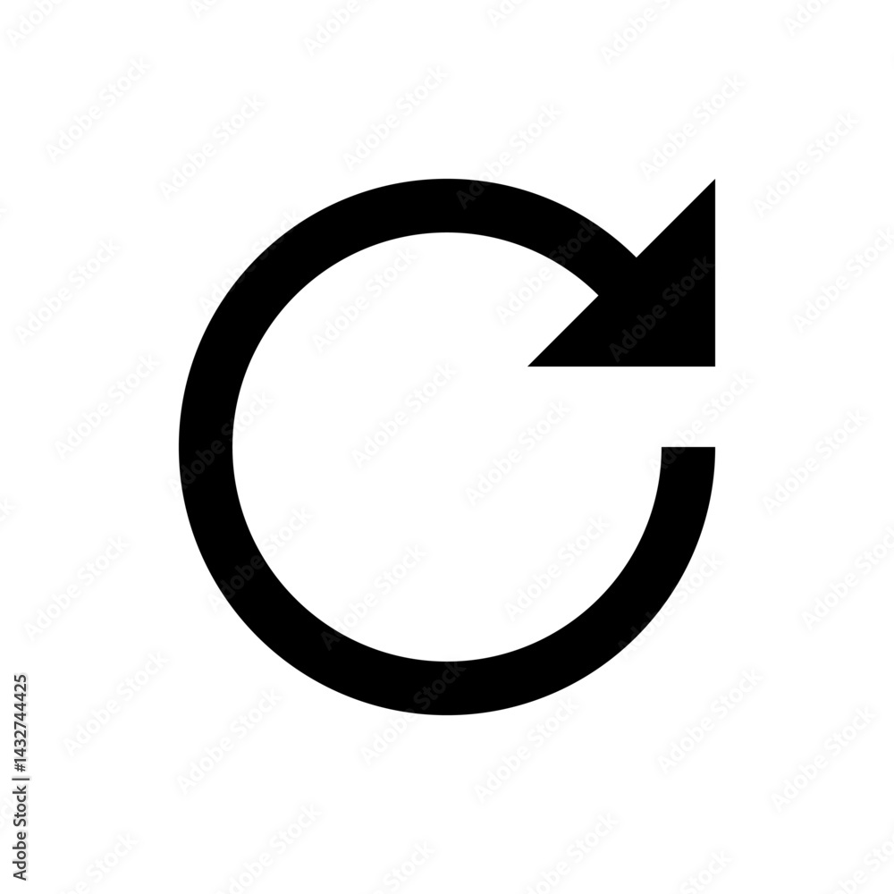 Poster circular arrow pointing to the right indicating refresh or reload icon in black and white simple des