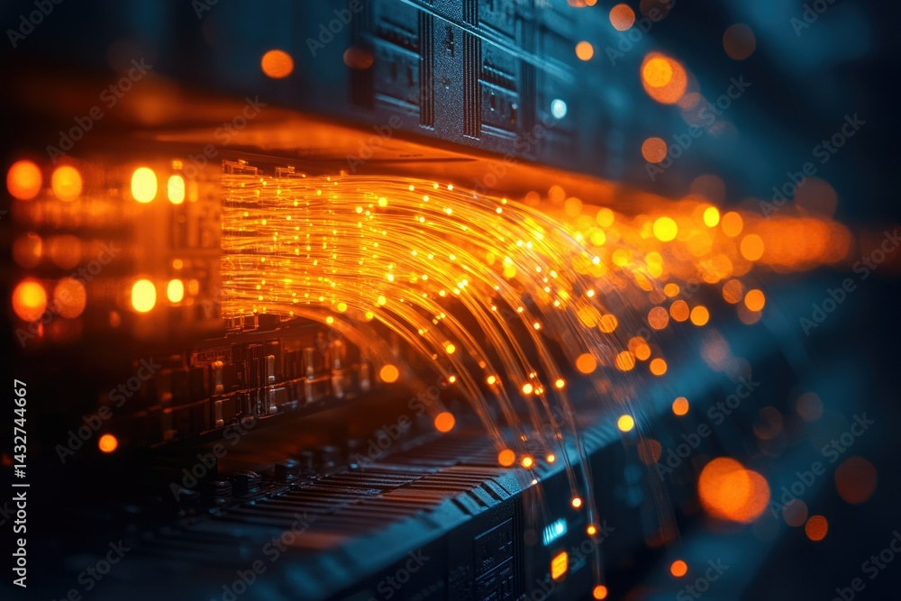 Poster glowing fiber optic cables connect to a server, representing high-speed data transfer and network in
