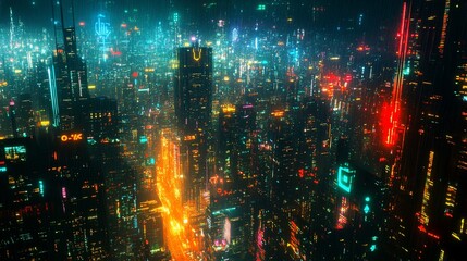 Cityscape glows, buildings shine at night, urban landscape in bright lights