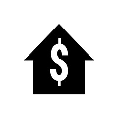 Illustration of a house silhouette with a dollar sign overlayed in the center in black and white color