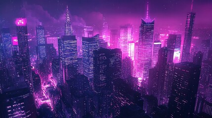 Obraz premium Cityscape glows neon pink, urban lights in evening haze, vibrant architecture