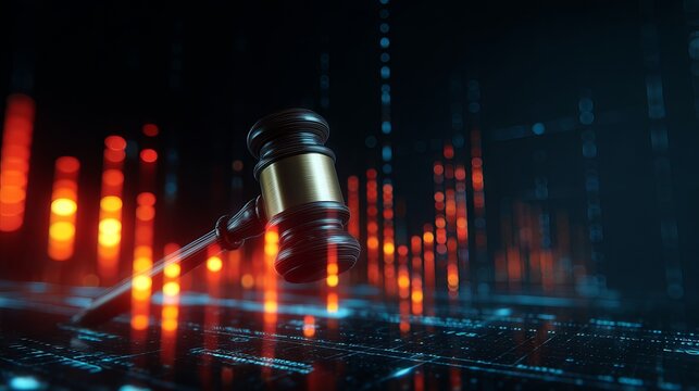 Digital gavel delivering virtual bankruptcy ruling against luminous data stream backdrop, illustrating cutting-edge legal technology for fintech litigation and online asset liquidation