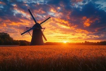 A picturesque windmill silhouetted against a vibrant sunset over a golden wheat field.