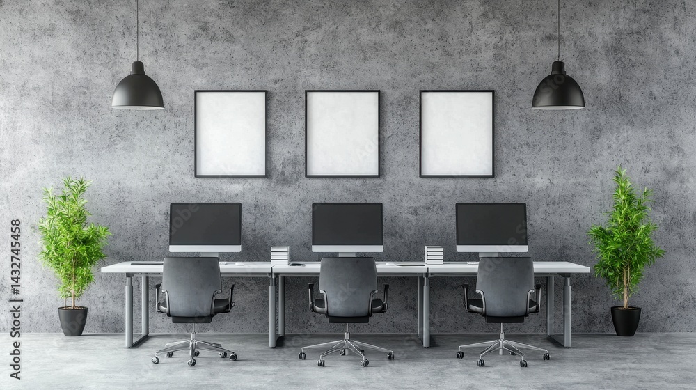 Poster modern minimalist office workspace with three computer desks