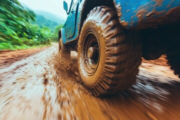 Off-Road Adventure: Vehicle Splashing Through Muddy Terrain