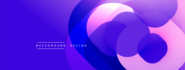 Abstract composition. Overlapping circles create dynamic gradient effect. Vivid purple hues dominate design, suggesting fluidity.