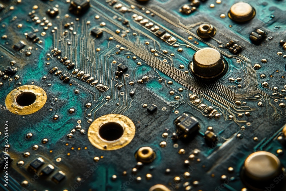 Fototapete close-up of a circuit board showcasing intricate circuitry and electronic components.