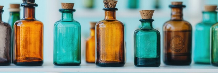 Colorful Glass Bottles on Shelf for Vintage Apothecary Decor