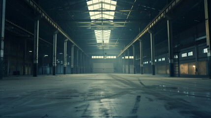Industrial warehouse with concrete floors and steel beams, showcasing raw urban aesthetics and depth.